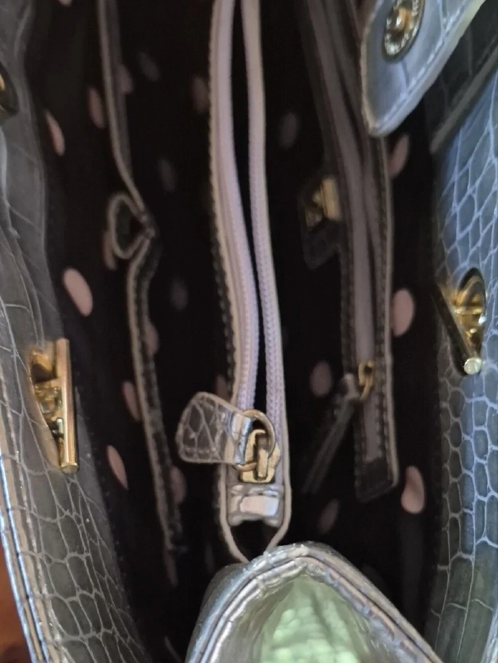 Anne Klein Metallic Silver Croc-Embossed Tote with Gold Accents